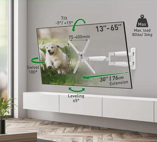 Suport TV Perete Barkan 13-65" Alb - BM343XLW | Rotire 180°
