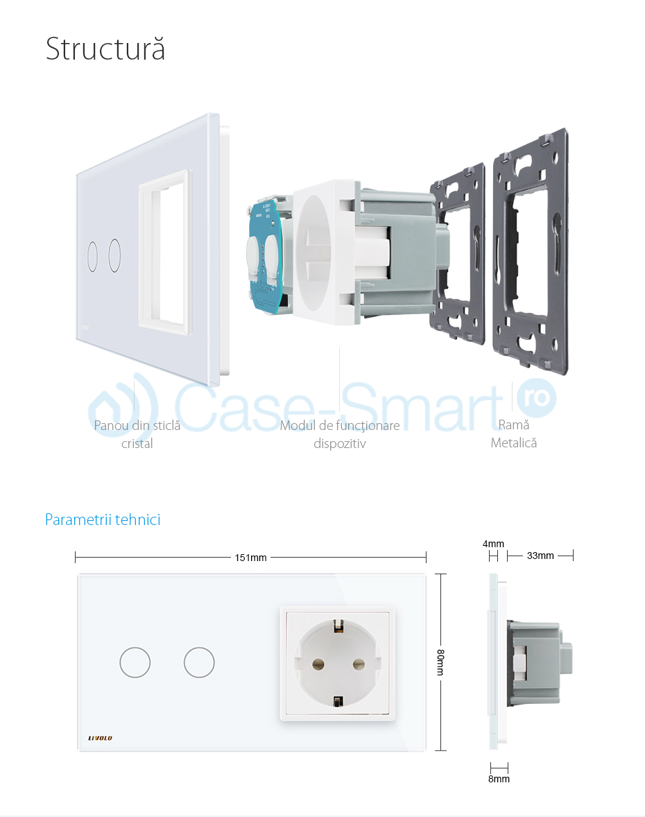 Intrerupator Dublu + Priza Livolo, Sticla Touch - imagine 4