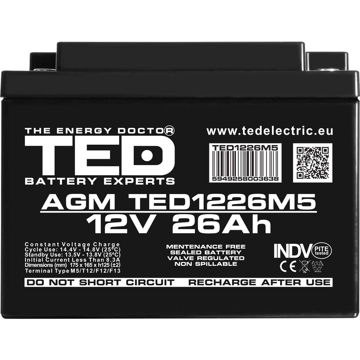 Baterie AGM VRLA TED Electric TED003638, 12V 26Ah, pentru UPS
