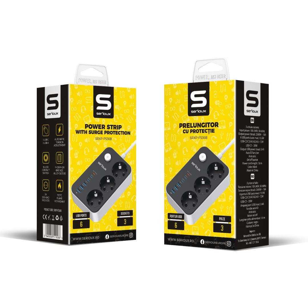 Prelungitor SERIOUX 3 Prize Schuko si 6 USB, 2500W, Negru - imagine 9